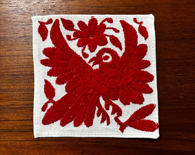 Otomi hand embroidered muslin cotton coaster / cocktail napkin / frame-able art with red bird and flowers. (4 1/4” x 4 1/4”)