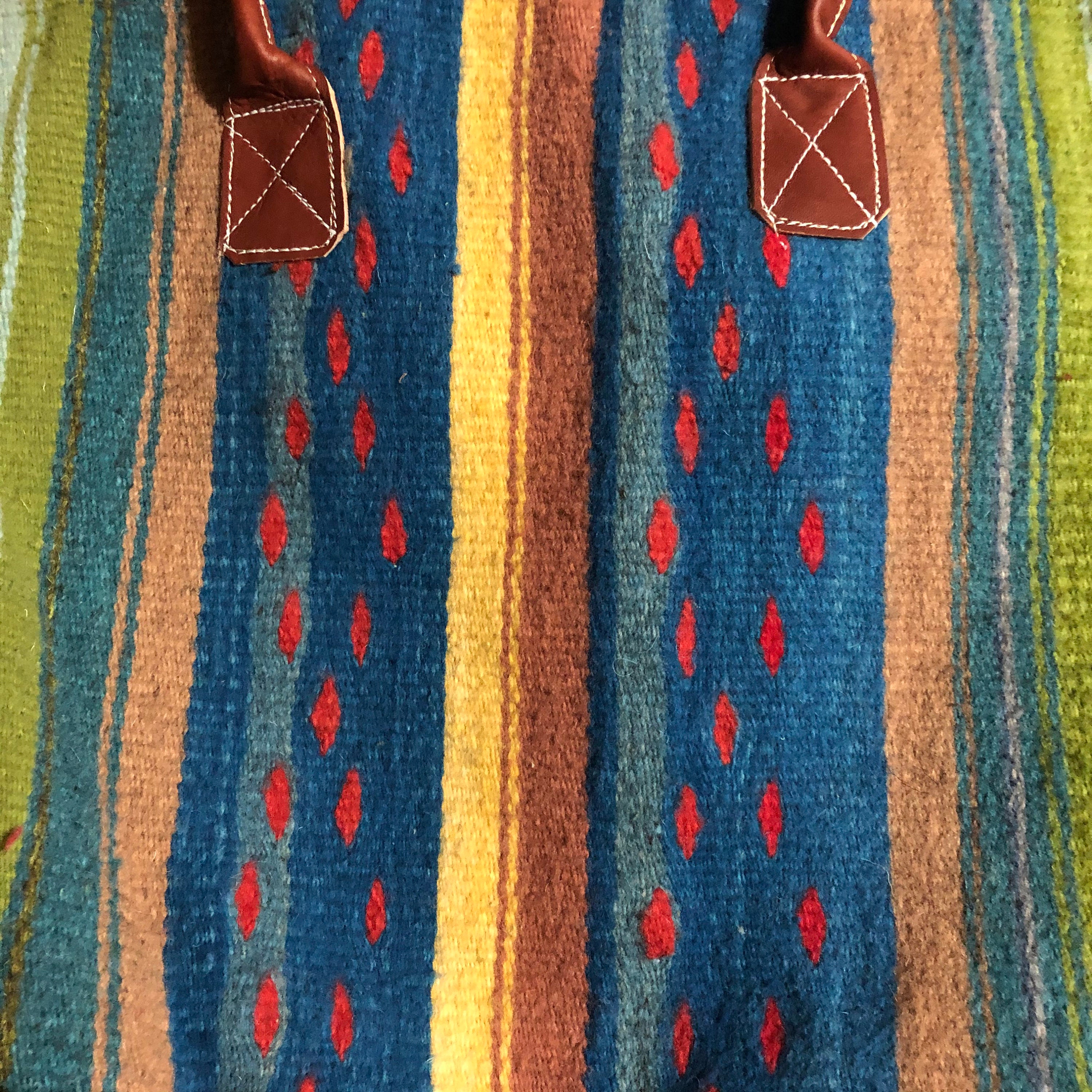 Zapotec hand woven merino wool purse 15 x 13 (w x h) with 12 leather straps