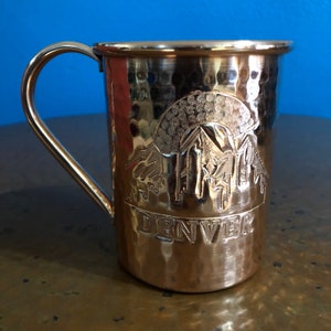 16oz Moscow Mule Hammered Copper Mug w/ Denver skyline with mountains engraving