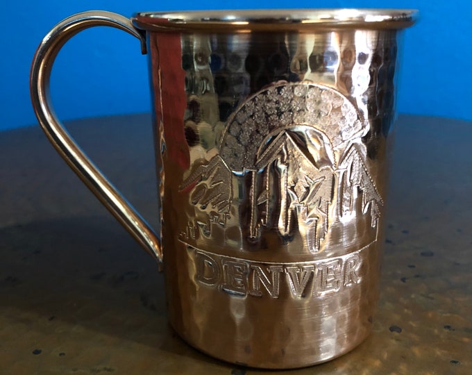 16oz Moscow Mule Hammered Copper Mug w/ Denver skyline with mountains engraving