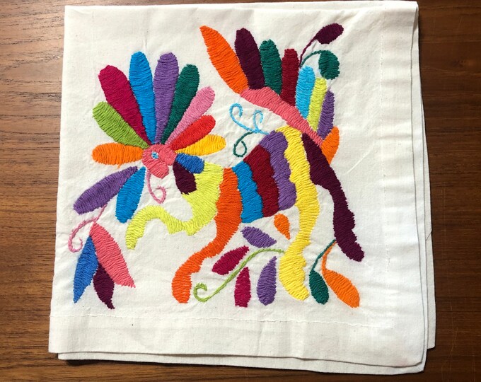 Otomi hand embroidered 19" x 19" muslin napkin - with spirit animal - multi-colored