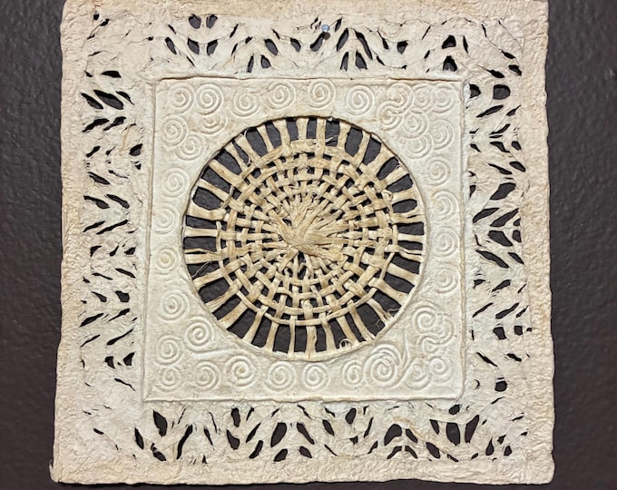 Handmade 8” x 8” Amate Bark Paper Wall Art: Braided Detail, Natural Tones
