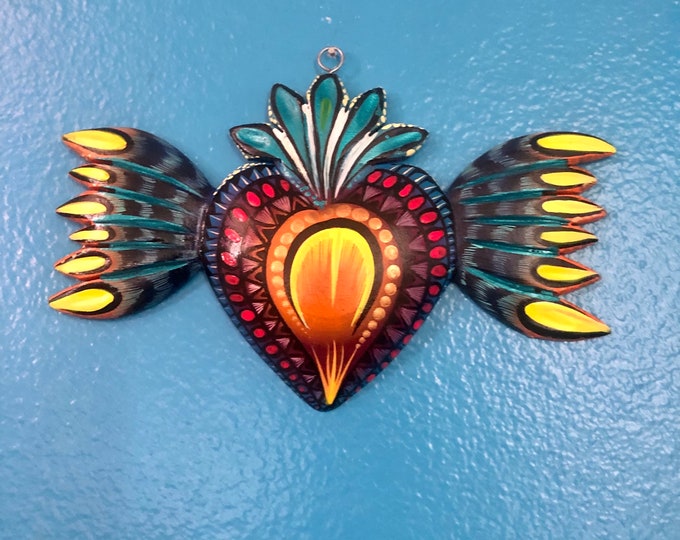 Hand carved wood small milagro heart from Oaxaca, Mexico