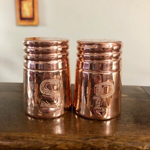 Pure Copper Salt and Pepper Shakers with hand engraved S & P.