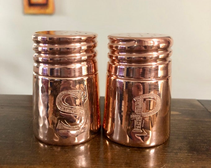 Pure Copper Salt and Pepper Shakers with hand engraved S & P.