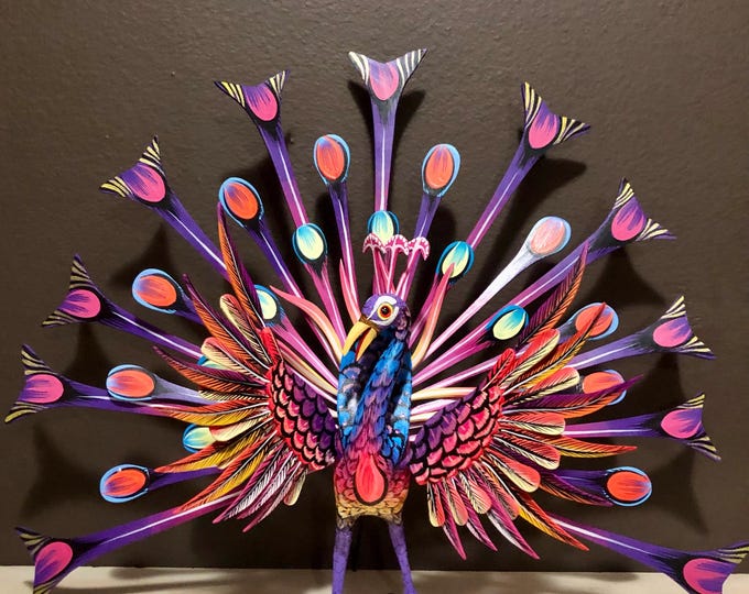 Alebrije Large Peacock Handcrafted Wood Carving by Esperanza Martinez from Oaxaca, Mexico.