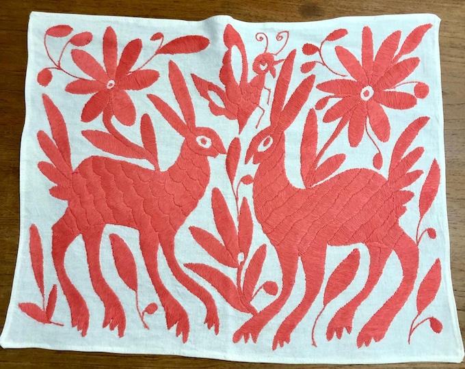 Hand embroidered Otomí placemat /frame-able art with pink embroidery (approx. 16.5" x 13.5”)