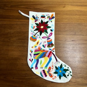 Hand Embroidered Otomi Christmas Stocking: Multicolor Mexican Folk Art
