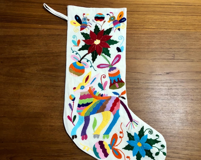 Hand Embroidered Otomi Large Christmas Stocking with Multicolor Embroidery from Hidalgo, Mexico (Off-White Cotton)