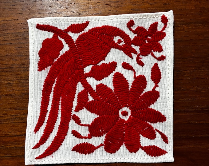 Otomi hand embroidered muslin cotton coaster / cocktail napkin / frame-able art with red bird and flowers. (4 1/4” x 4 1/4”)