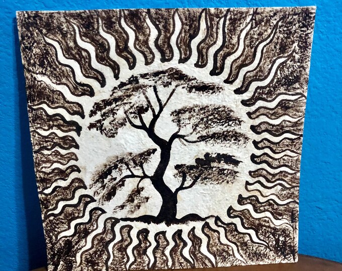 Handmade Amate Paper Wall Art with Tree from Mexico