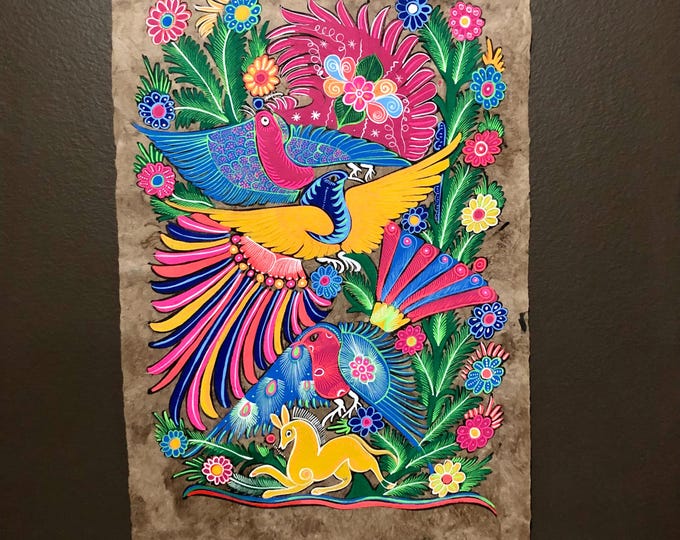 Amate Paper Wall Art with Birds, Animals and Flowers by Andrés de la Loma (Pahuatlán Puebla Mexico)