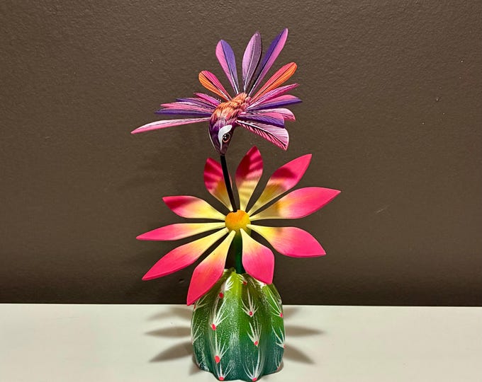Handcrafted Alebrije Flowering Cactus with Hummingbird Woodcarving from Oaxaca, Mexico