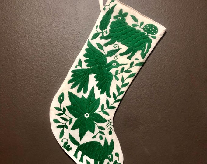Hand Embroidered Otomi Christmas Stocking: Green Embroidery