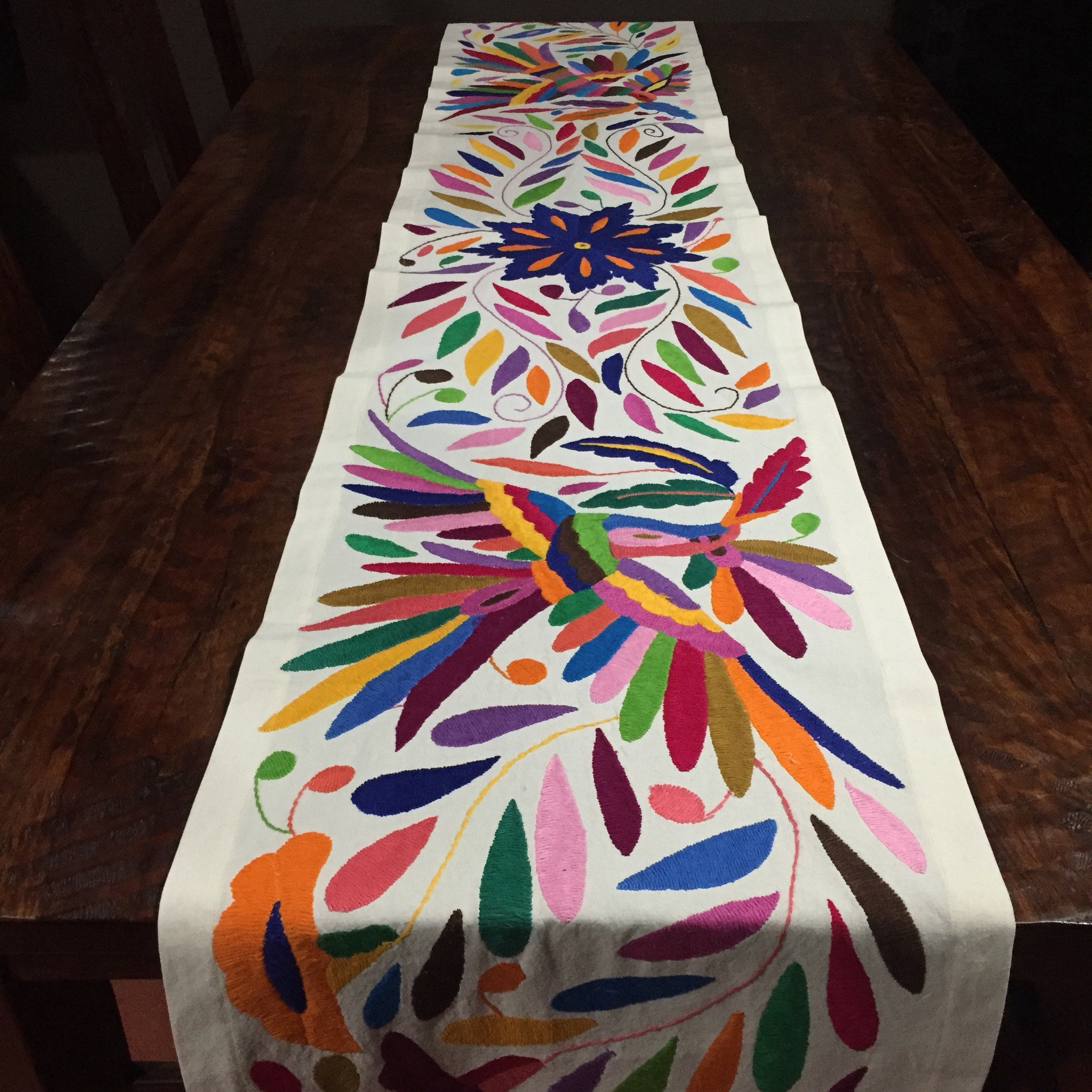 Otomi Hand Embroidered Extra Long Table Runner Multicolor