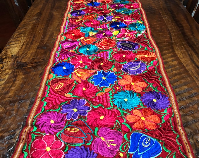 Hand Woven Table Runner / Bed Scarf / Wall Art with Multi-color Embroidery (approx. 90" x 17")