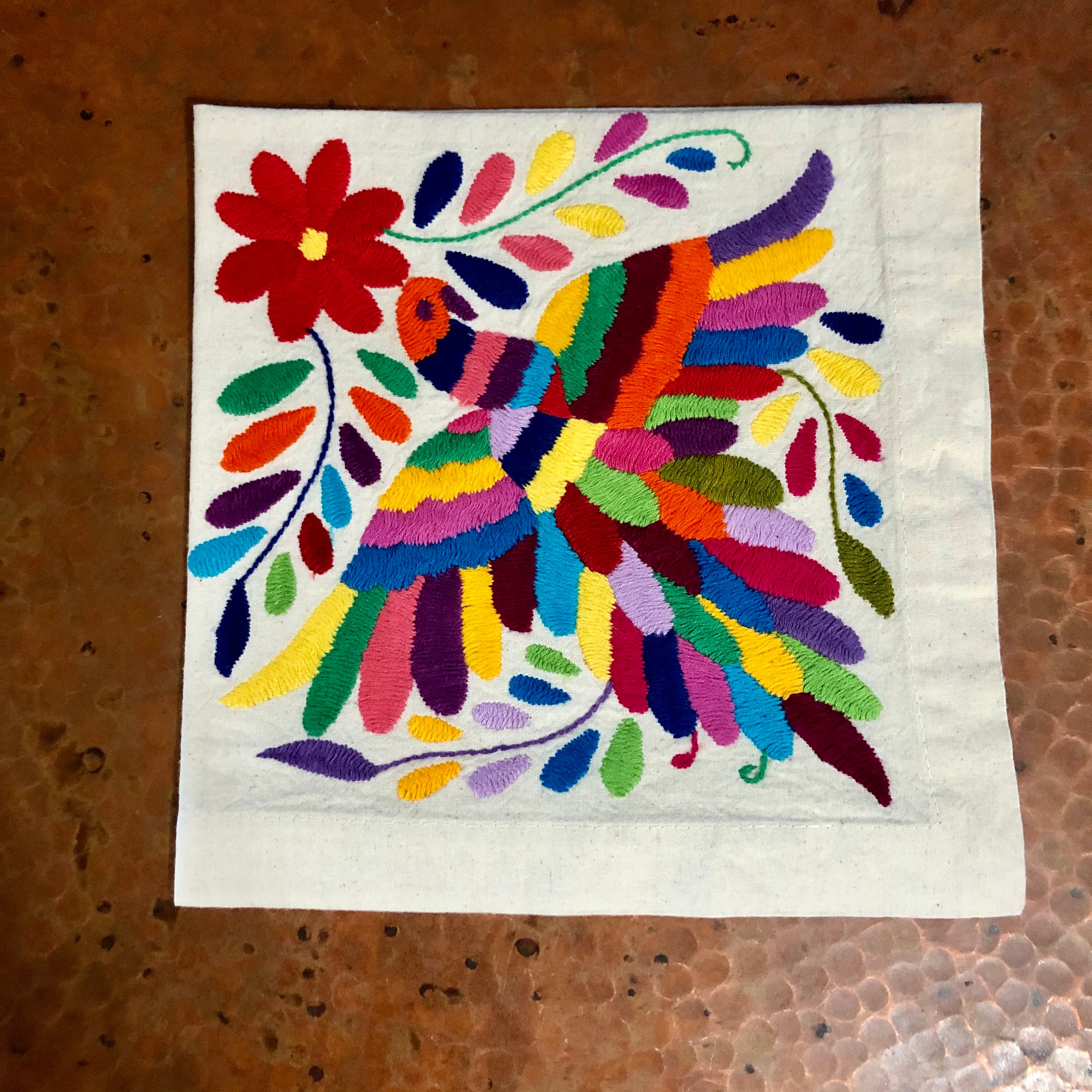 Otomi hand embroidered 19 x 19 muslin napkin - with bird multi-colored