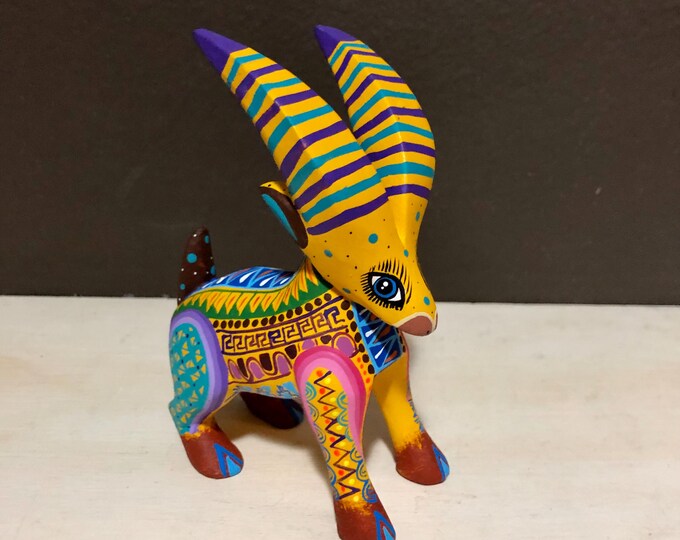 Handcrafted Alebrije Goat Woodcarving signed by Zeny Fuentes from Oaxaca, Mexico