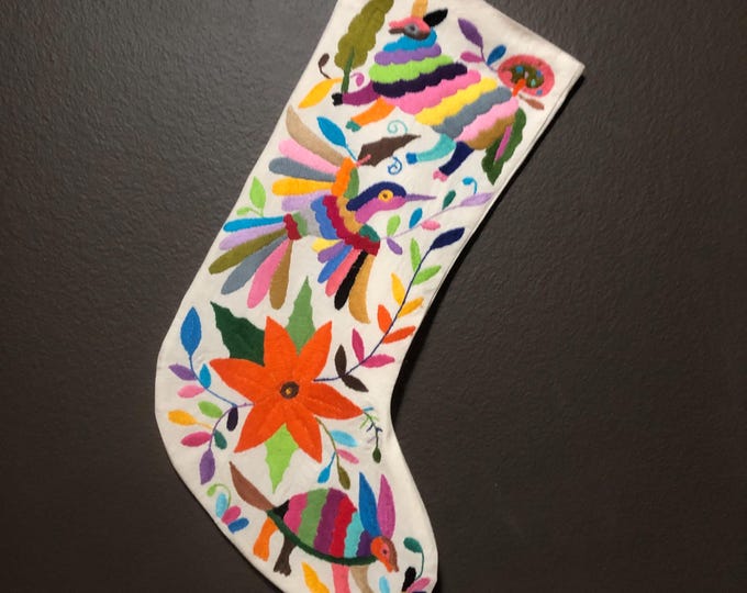 Hand Embroidered Otomi Christmas Stocking: Multicolor Embroidery Animals and Flowers