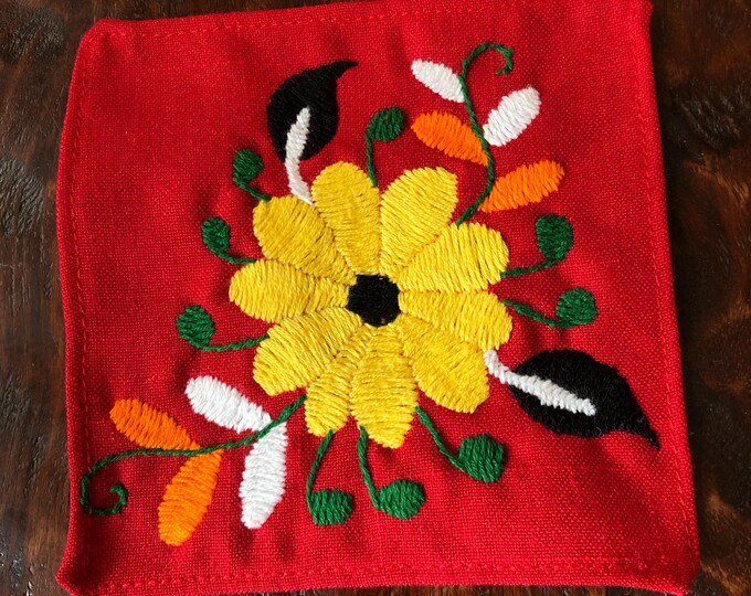 Otomi hand embroidered muslin coaster/cocktail napkin/frame-able art with multicolor flower design approx.  (4.5” x 4.5”)