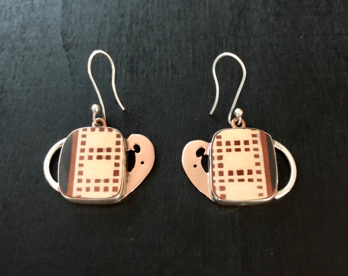 One of a Kind Mata Ortiz Earrings - unique pottery shards set in .950 silver and pure copper handcrafted settings