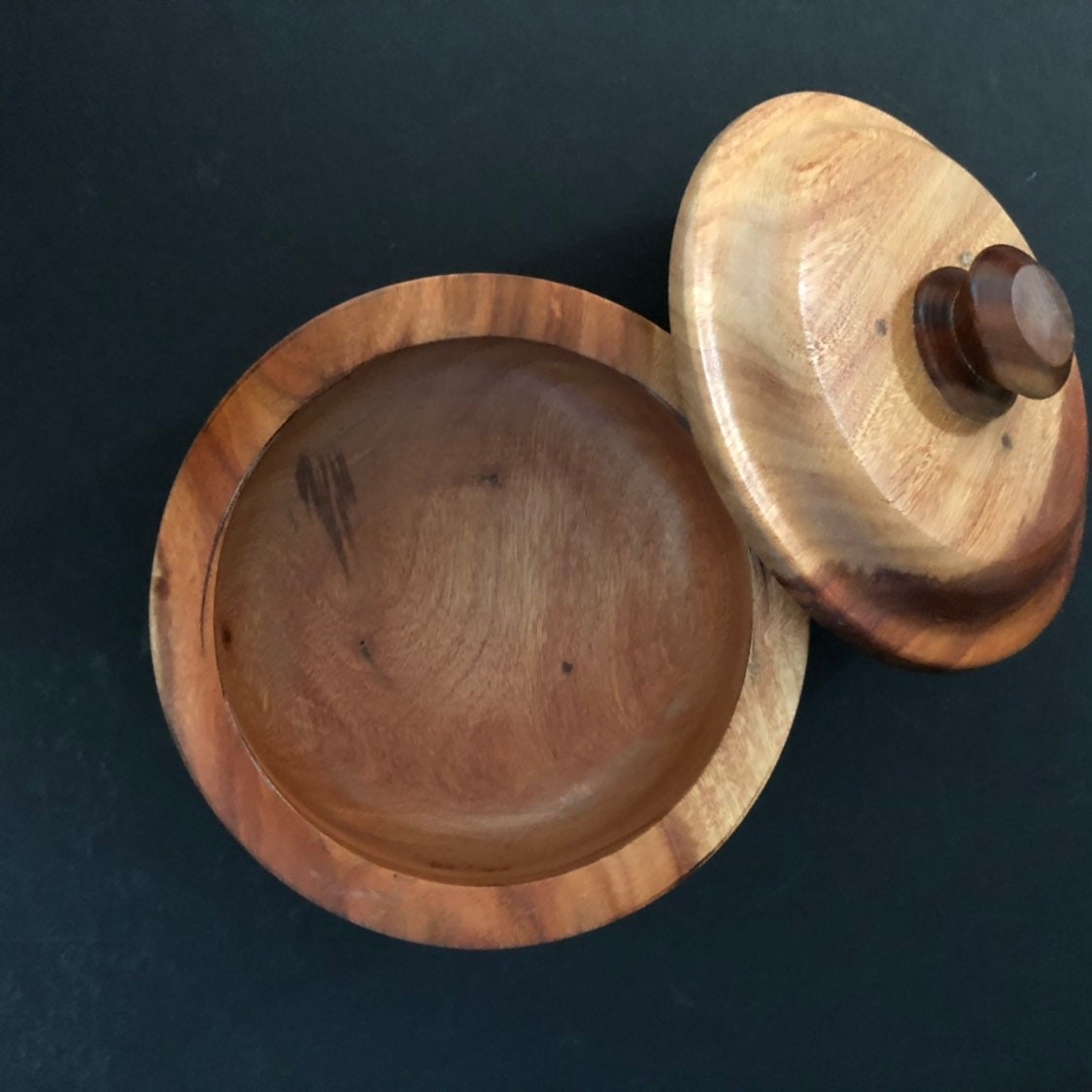 Hand carved wood serving bowl with lid made of Guamuchil wood from Mexico