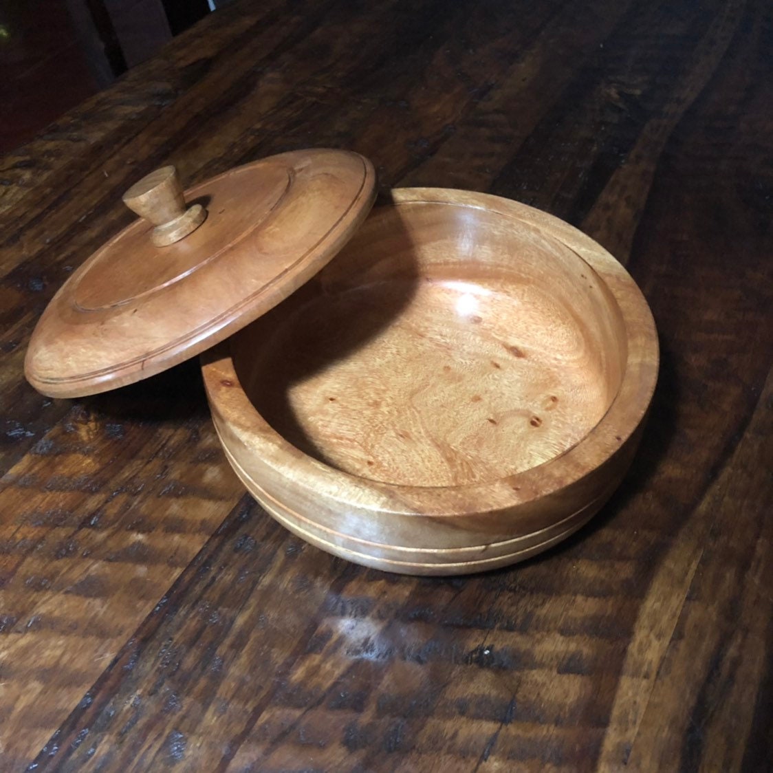 Hand carved wood serving bowl with lid made of Guamuchil wood from Mexico