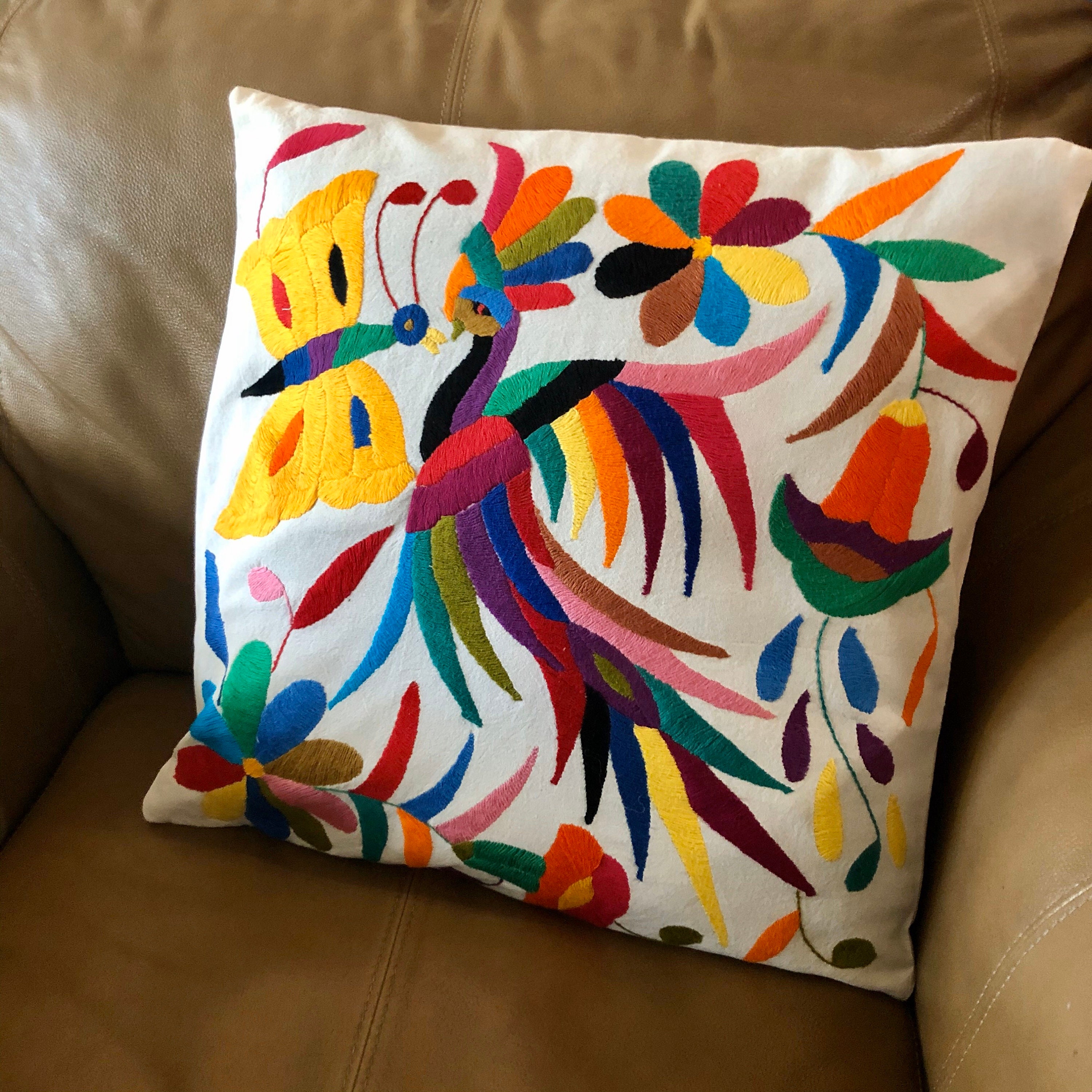 Otomi hand embroidered 17 x 16 pillow case with animals and flower design
