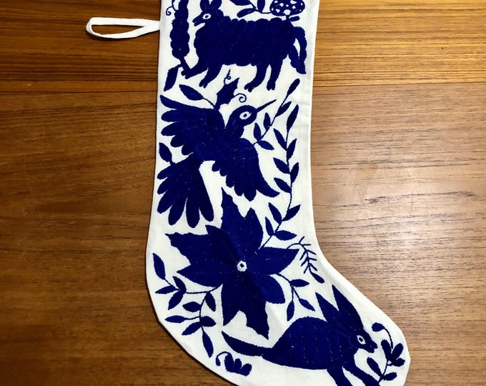 Hand Embroidered Otomi Large Christmas Stocking with Blue Embroidery from Hidalgo, Mexico (Off-White Cotton)