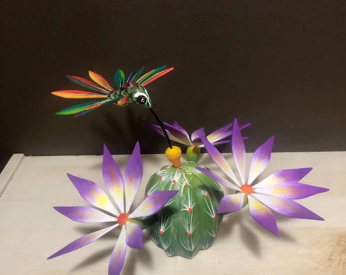 Handcrafted Alebrije Flowering Cactus with Hummingbird Woodcarving from Oaxaca, Mexico