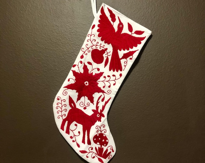 Hand Embroidered Otomi Large Christmas Stocking with Red Embroidery from Hidalgo, Mexico (Bright White Cotton)
