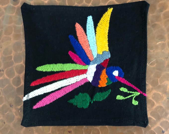 Otomi hand embroidered muslin coaster/cocktail napkin/frame-able art with multicolor bird design approx.  (4.5” x 4.5”)