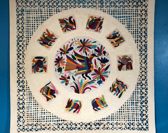 Amate Paper Wall Art with Otomí Hand Embroidered Multicolor Animals and Flowers by Andrés de la Loma (Pahuatlán Puebla Mexico) - 39” x 39”