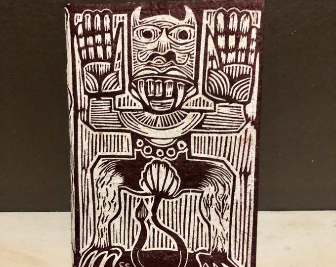 Handmade Medium Paper Journal / Notebook with Linocut Print Cornhusk Paper Covers and Eucalyptus Journal Paper (75 pages)