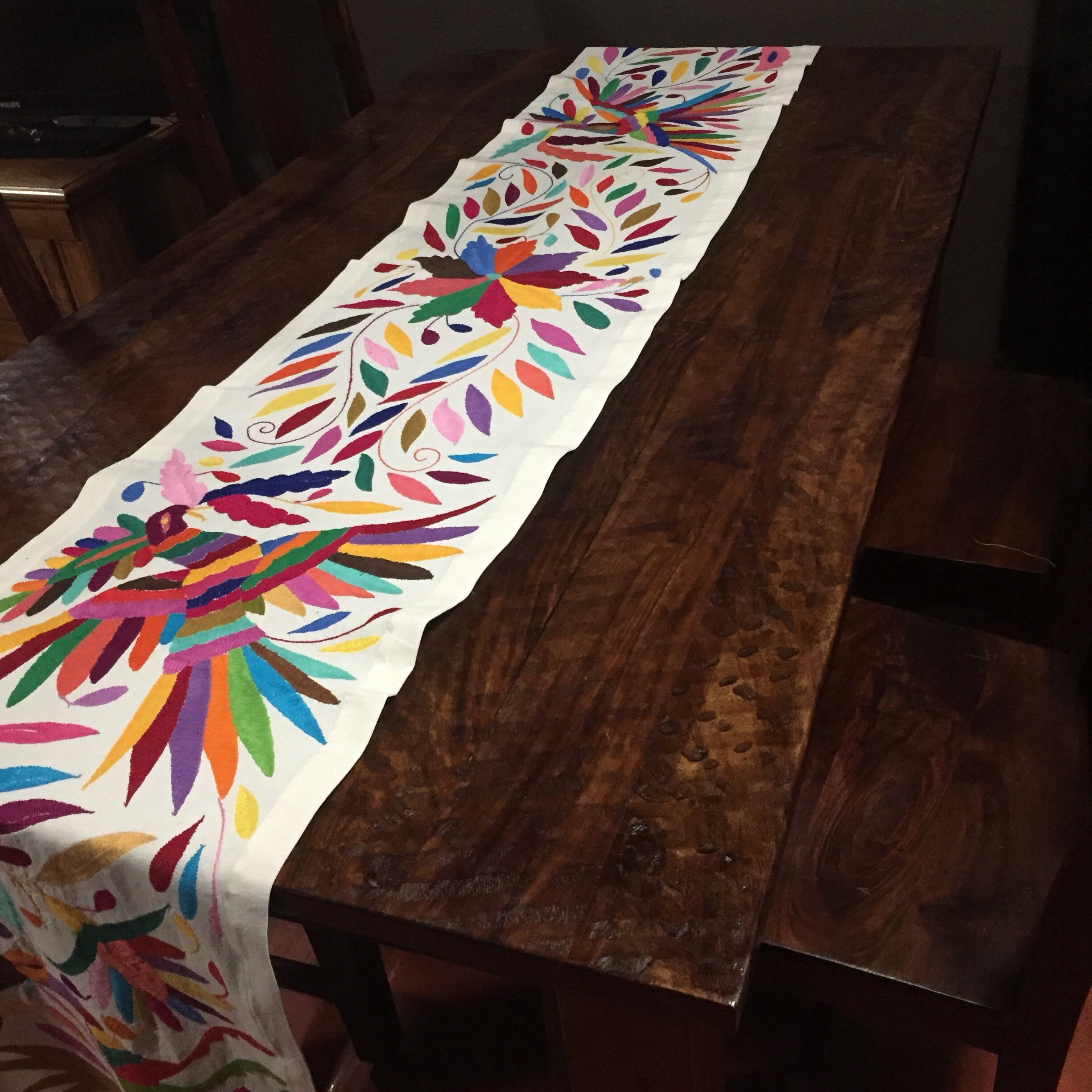 Otomi Hand Embroidered Extra Long Table Runner Multicolor
