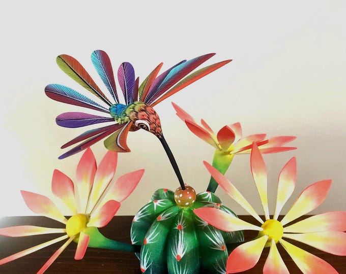 Handcrafted Alebrije Flowering Cactus with Hummingbird Woodcarving from Oaxaca, Mexico