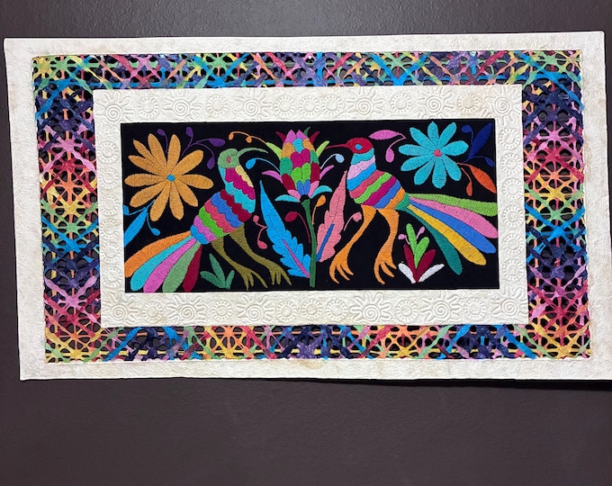 Amate Wall Art with Otomi Embroidery: Mexican Folk Art with Multicolored Birds and Flowers (27” x 15 1/2”)