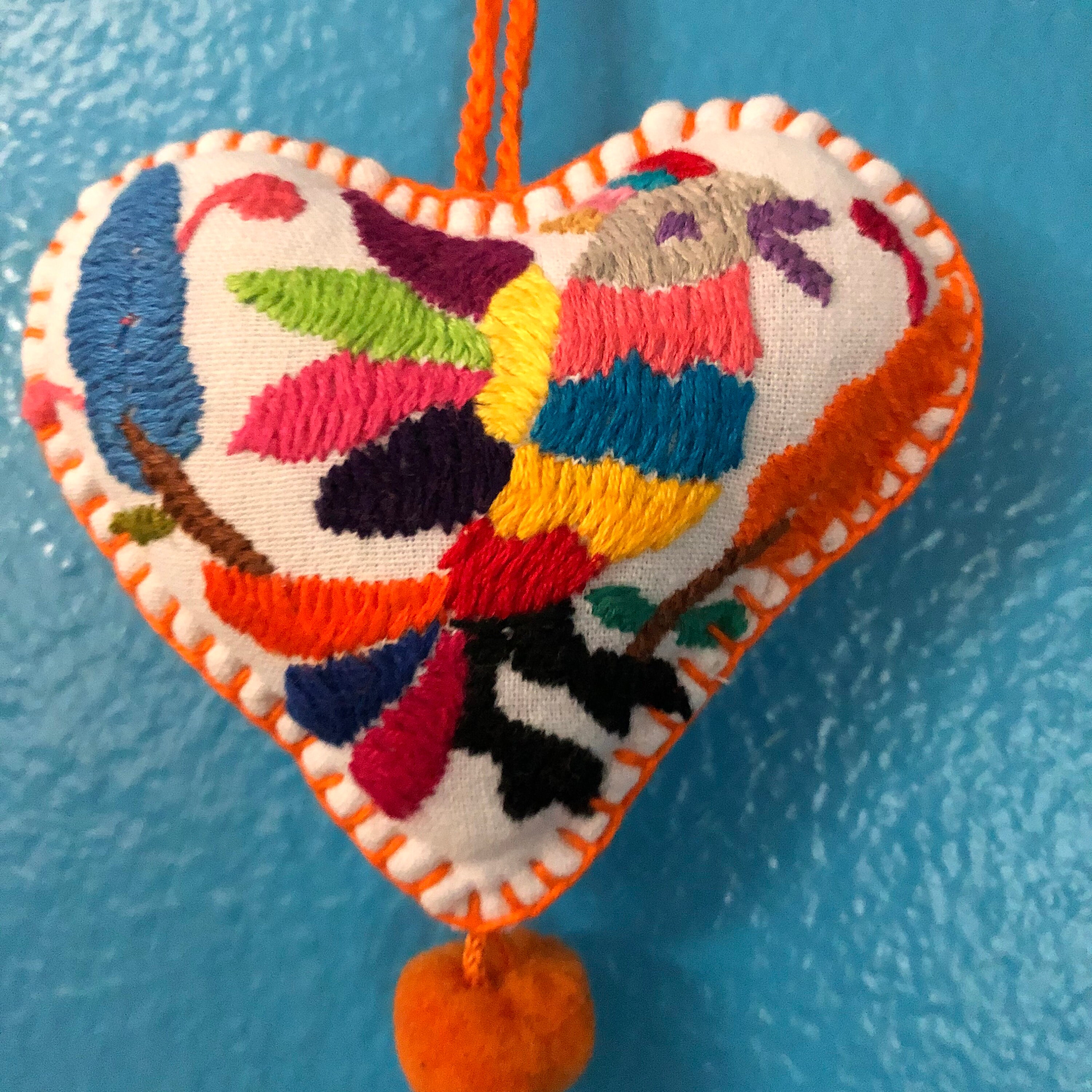 Hand embroidered Otomi heart ornament from Hidalgo, Mexico.