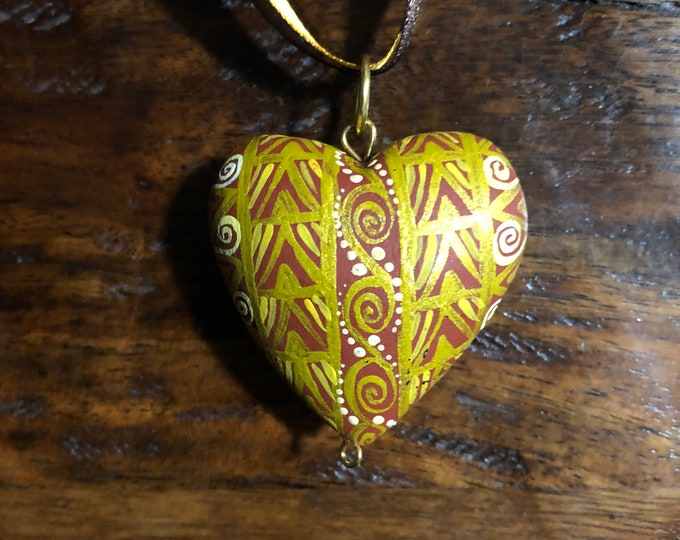 Hand carved wood Alebrije heart necklace pendant by Reyna Piña