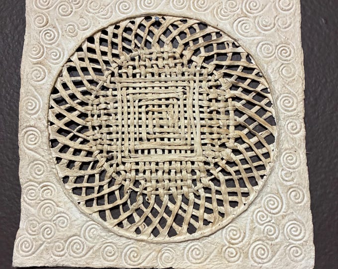 Handmade 8” x 8” Amate Bark Paper Wall Art: Braided Detail, Natural Tones