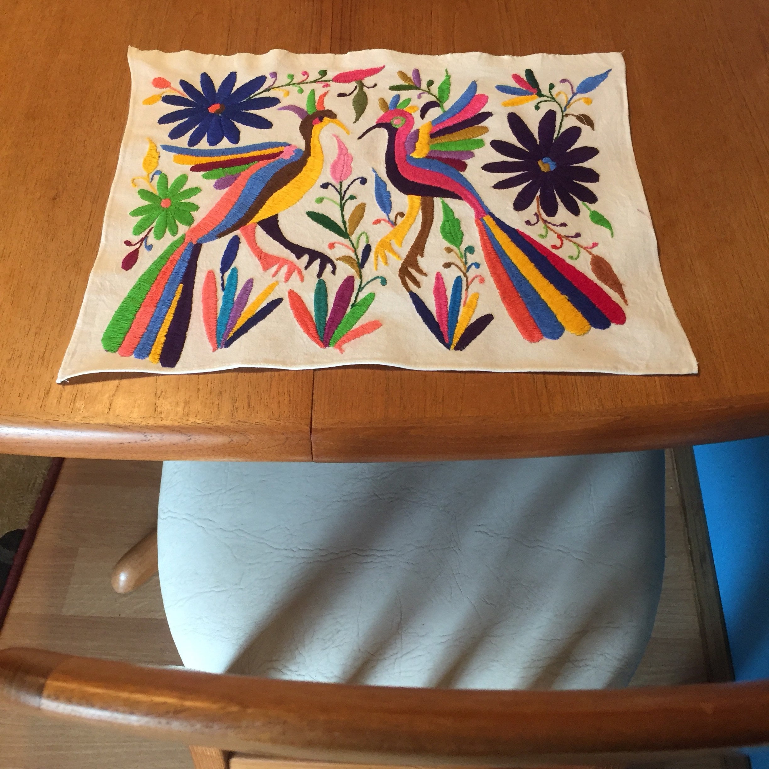 Hand embroidered Otomí placemat (approx. 17 x 13) multicolor birds