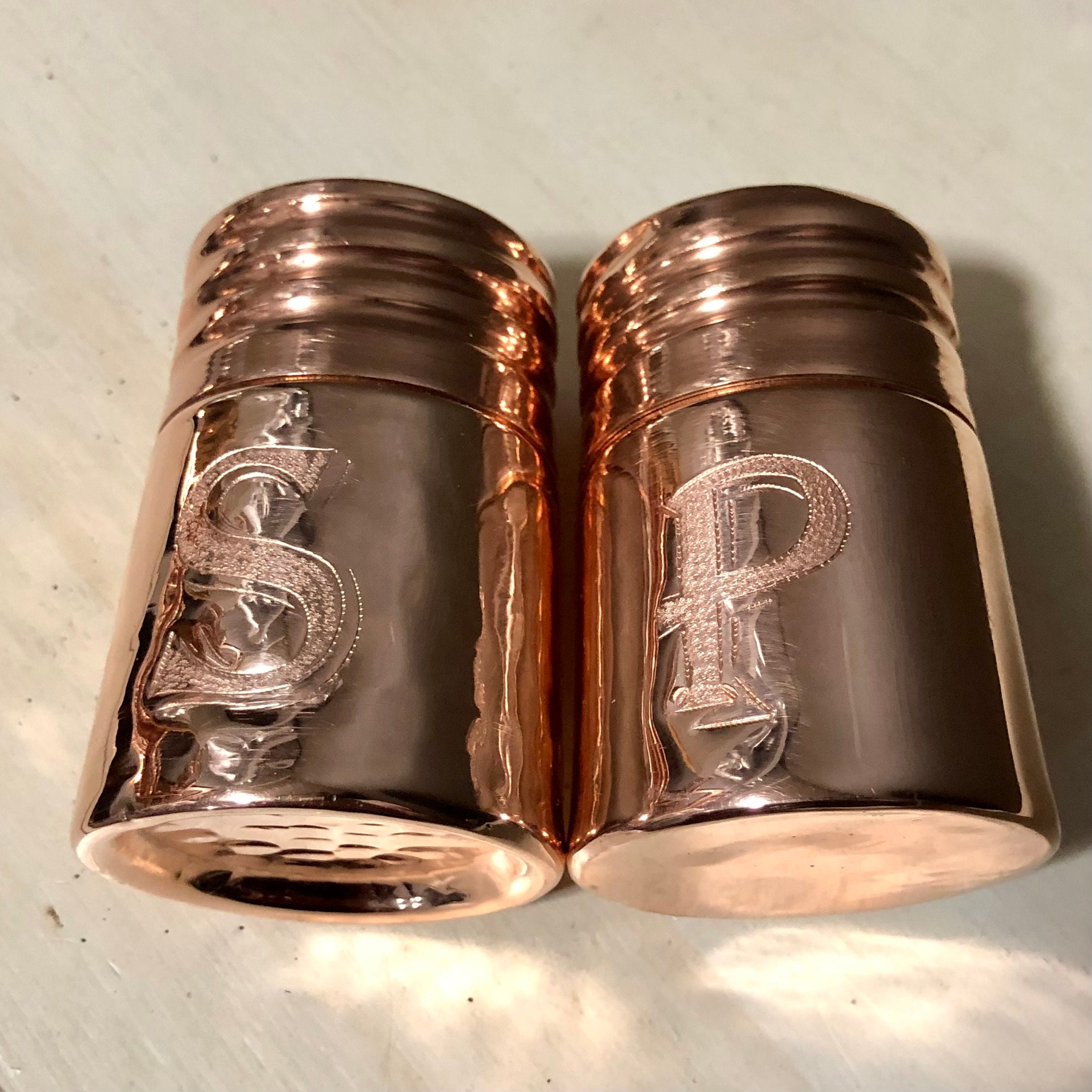 Pure Copper Salt and Pepper Shakers with hand engraved S P