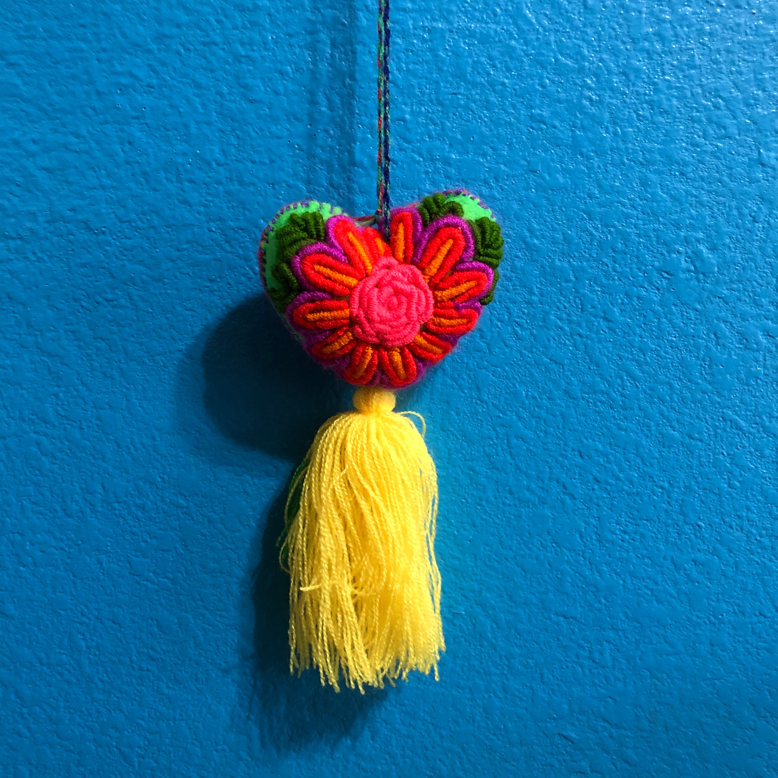 Hand Sewn Wool Felt Hanging Heart Ornament with Cotton Embroidery