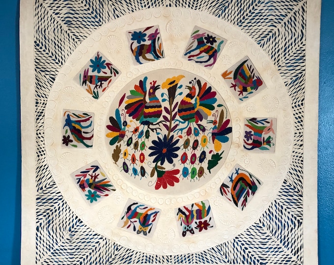 Amate Paper Wall Art with Otomí Hand Embroidered Multicolor Animals and Flowers by Andrés de la Loma (Pahuatlán Puebla Mexico) - 39” x 39”