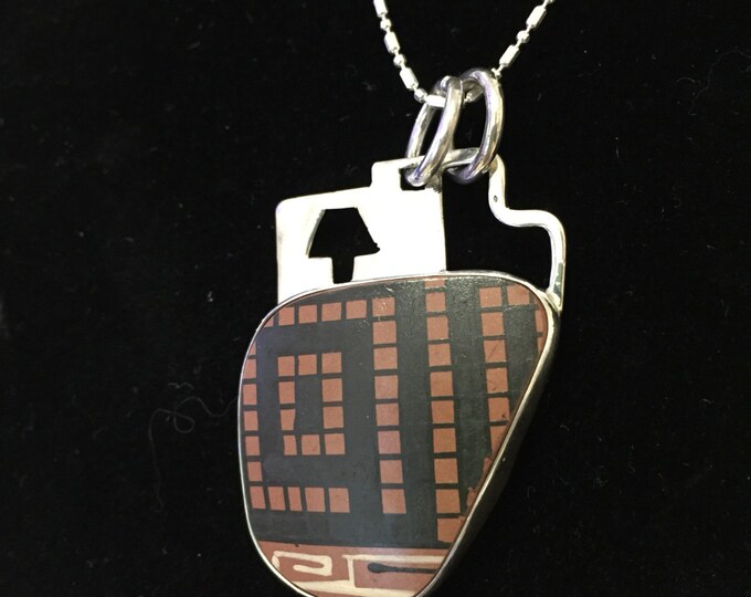 One of a Kind Mata Ortiz Sterling Silver Pendant - inique indigenous ceramic pottery shard set in a .950 pure silver bezel