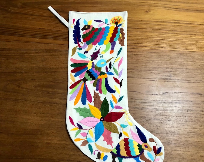 Hand Embroidered Otomi Large Christmas Stocking with Multicolor Embroidery from Hidalgo, Mexico (Off-White Cotton)