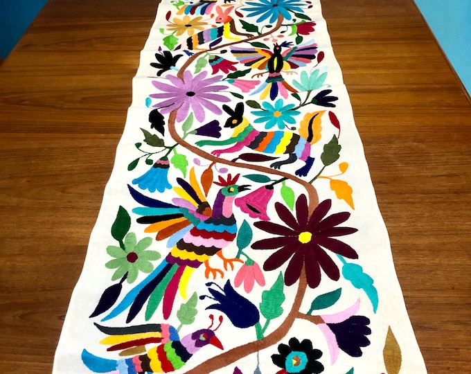 Hand Embroidered Otomi Table Runner: Mexican Folk Art Bed Scarf (74” x 17”)