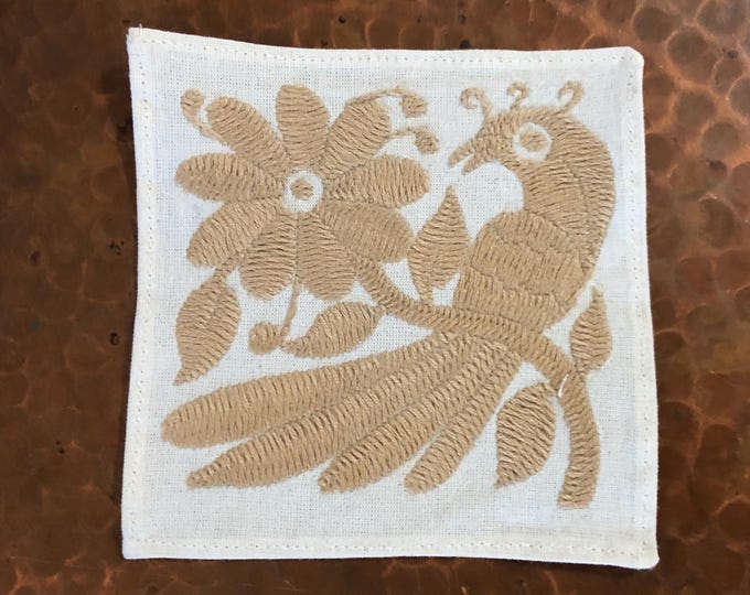 Otomi hand embroidered muslin coaster / cocktail napkin / frame-able art with beige bird and flowers.