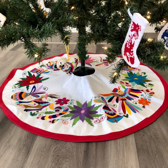 3 Hand Embroidered Otomi Christmas Tree Skirt on Bright White