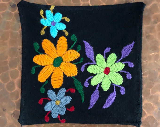 Otomi hand embroidered muslin coaster/cocktail napkin/frame-able art with multicolor flower design approx.  (4.5” x 4.5”)